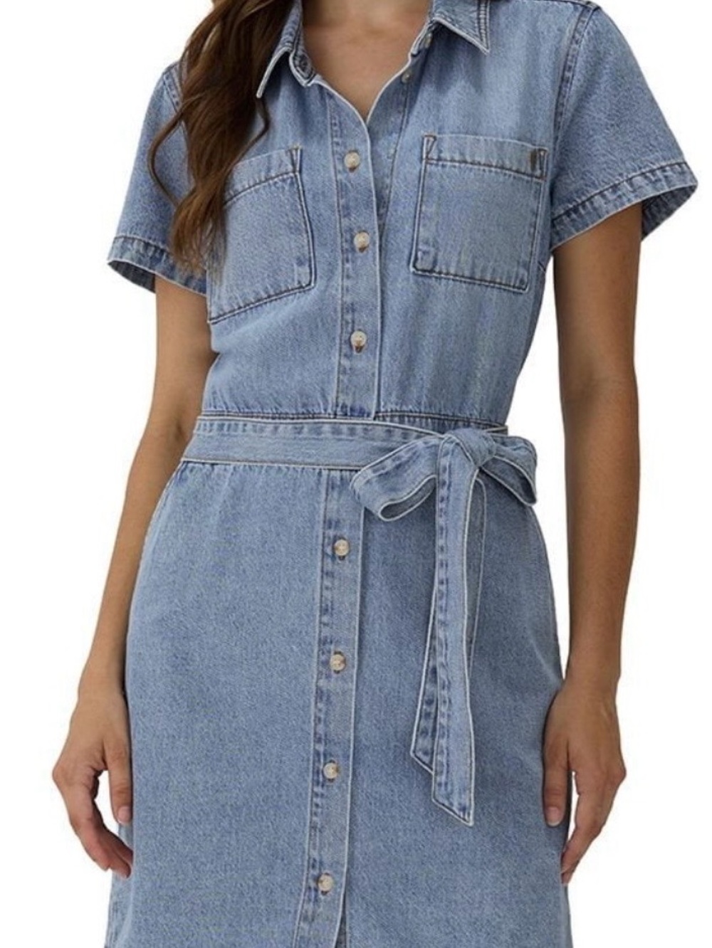 Frye Light Blue Denim Button-Front Shirtdress with Tie Waist